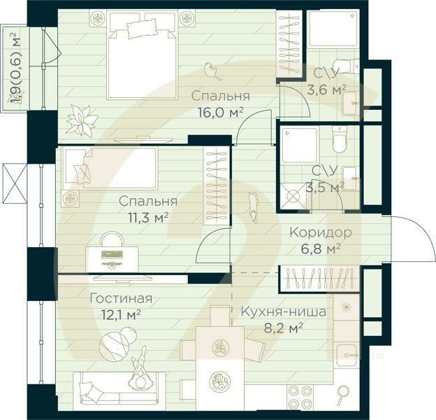 3-комн, 62.1 м², 6-15 этаж