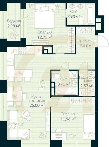 3-комн, 69 м², 8 этаж