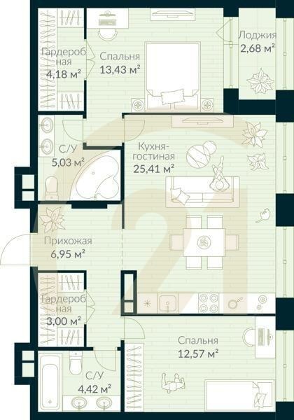 3-комн, 76.33 м², 9 этаж