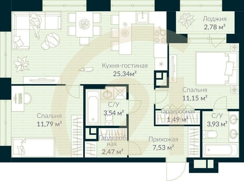 3-комн, 68.63 м², 8 этаж