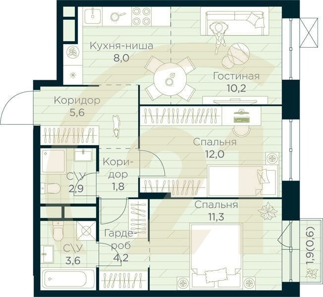 3-комн, 60.2 м², 5 этаж