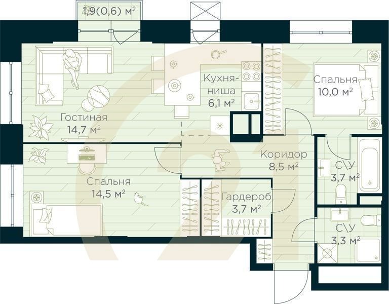 3-комн, 65.1 м², 5-15 этаж
