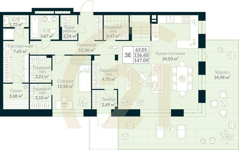 3-комн, 147.09 м², 1 этаж