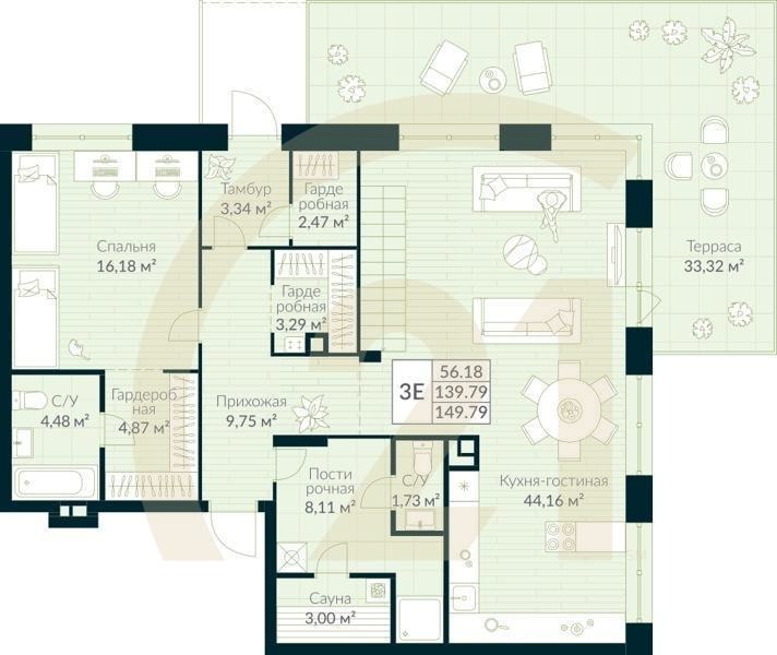 3-комн, 149.79 м², 1 этаж