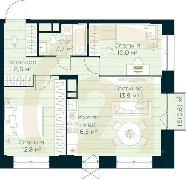 3-комн, 56.1 м², 5-14 этаж