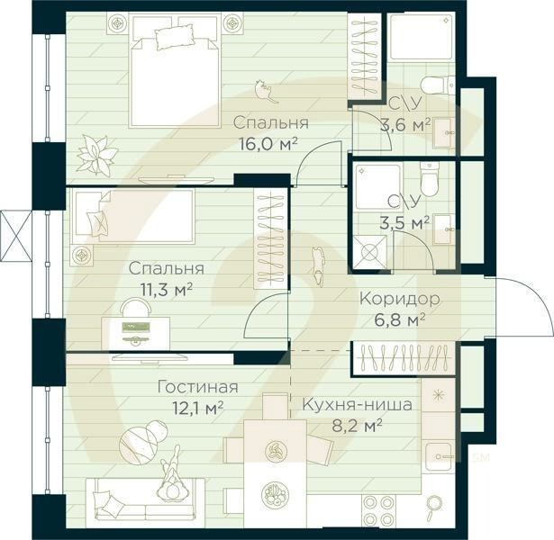 3-комн, 61.5 м², 13 этаж