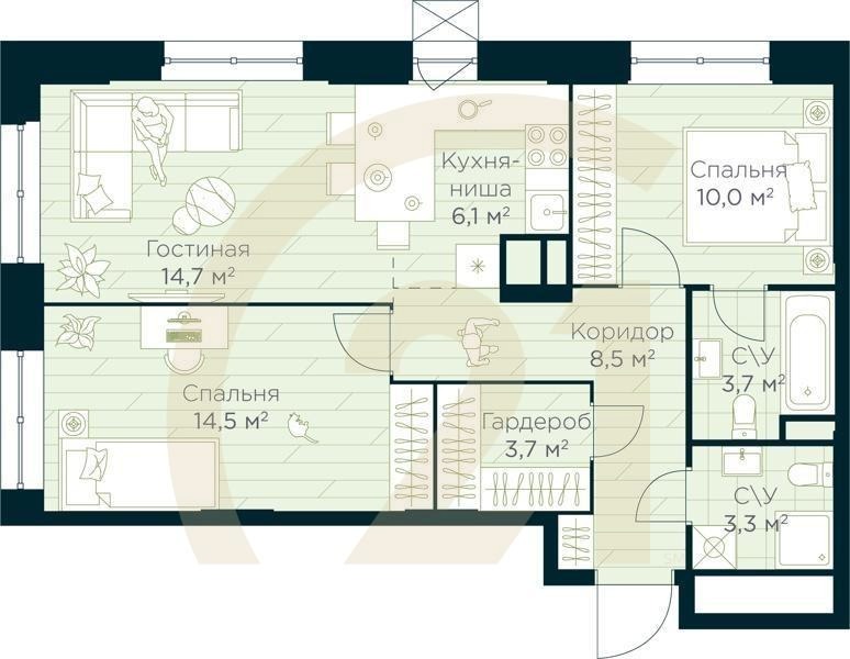 3-комн, 64.5 м², 13 этаж