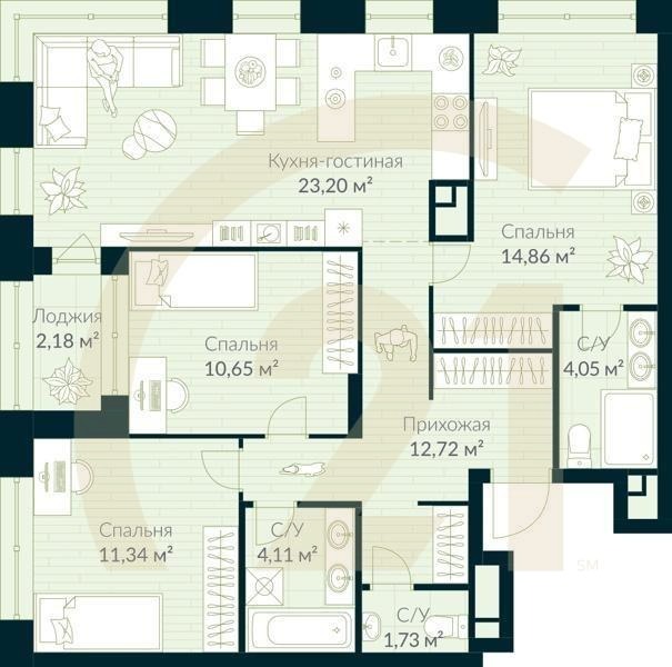 3-комн, 83.75 м², 30 этаж