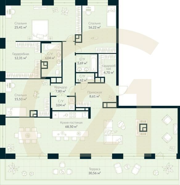4-комн, 182.64 м², 10 этаж