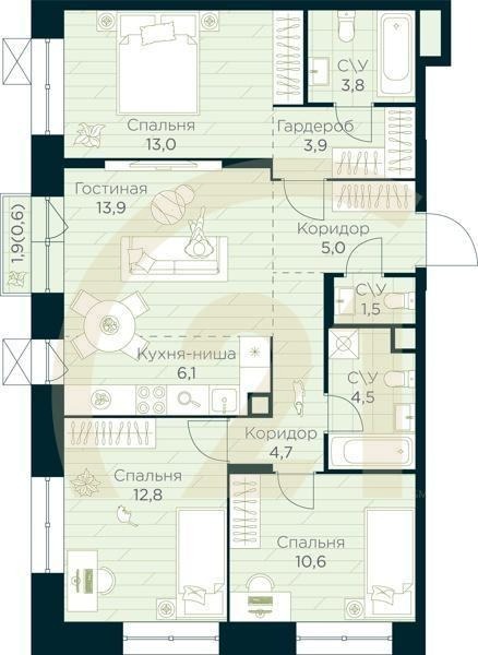 4-комн, 80.4 м², 4 этаж