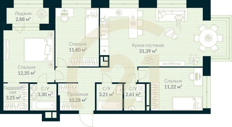 4-комн, 90.85 м², 9 этаж