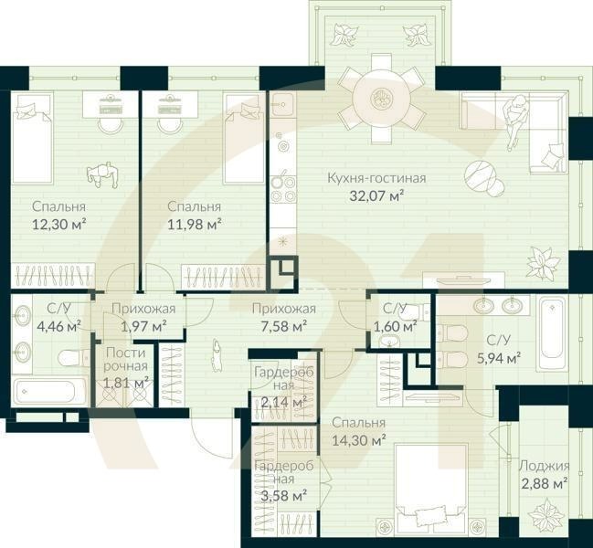 4-комн, 101.17 м², 6 этаж