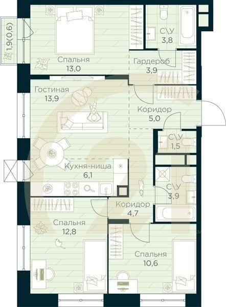 4-комн, 79.8 м², 9-10 этаж