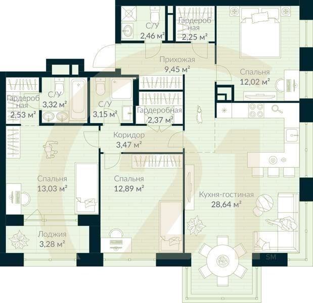 4-комн, 97.22 м², 6-9 этаж