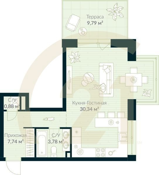 Студия, 45.68 м², 3 этаж