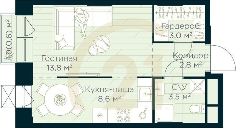 Студия, 32.3 м², 4-15 этаж