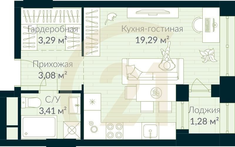 Студия, 29.71 м², 3 этаж