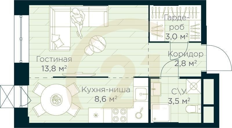 Студия, 31.7 м², 11 этаж