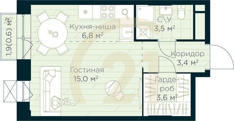Студия, 32.9 м², 11 этаж