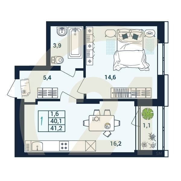 1-комн, 41.2 м², 24 этаж
