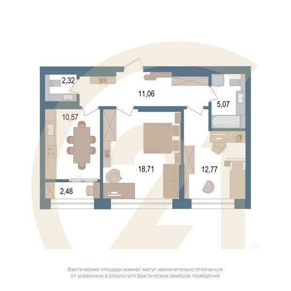 2-комн, 61.7 м², 14 этаж