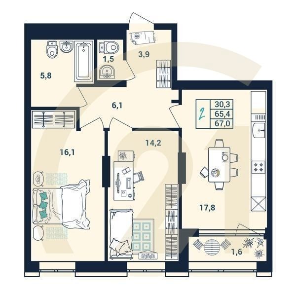 2-комн, 67.4 м², 25 этаж