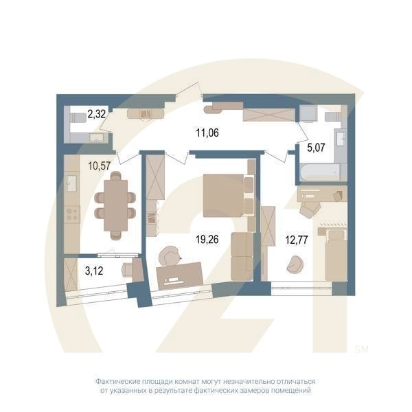 2-комн, 62.3 м², 10 этаж