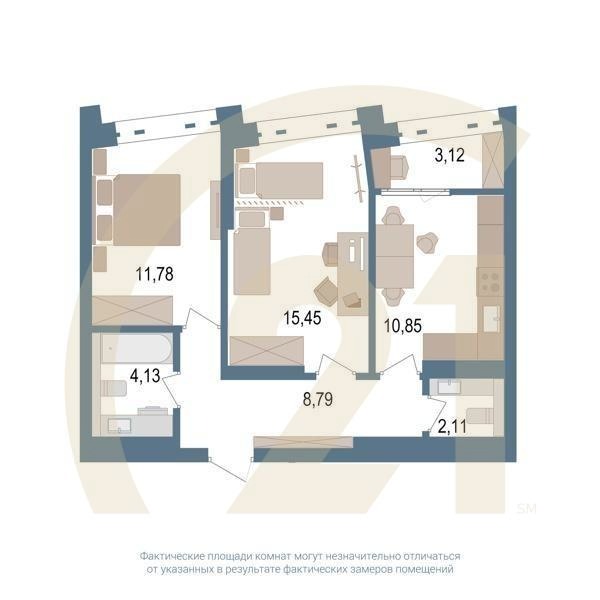 2-комн, 54.8 м², 9 этаж