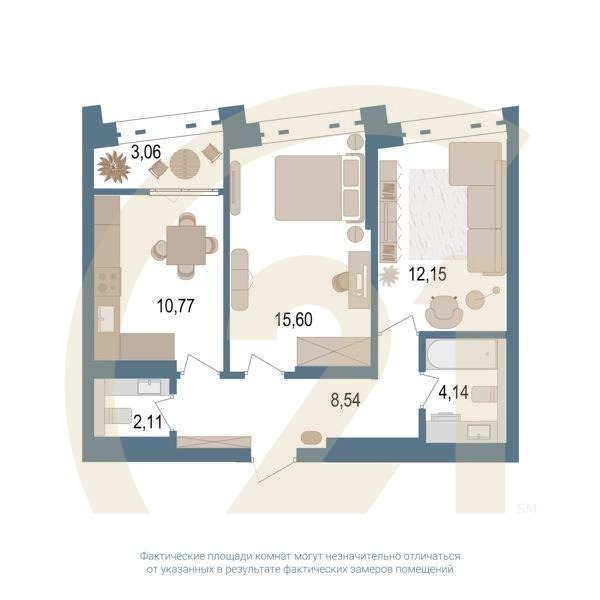 2-комн, 55.1 м², 11 этаж