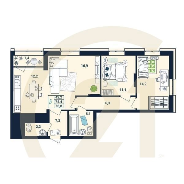 3-комн, 76.9 м², 6 этаж