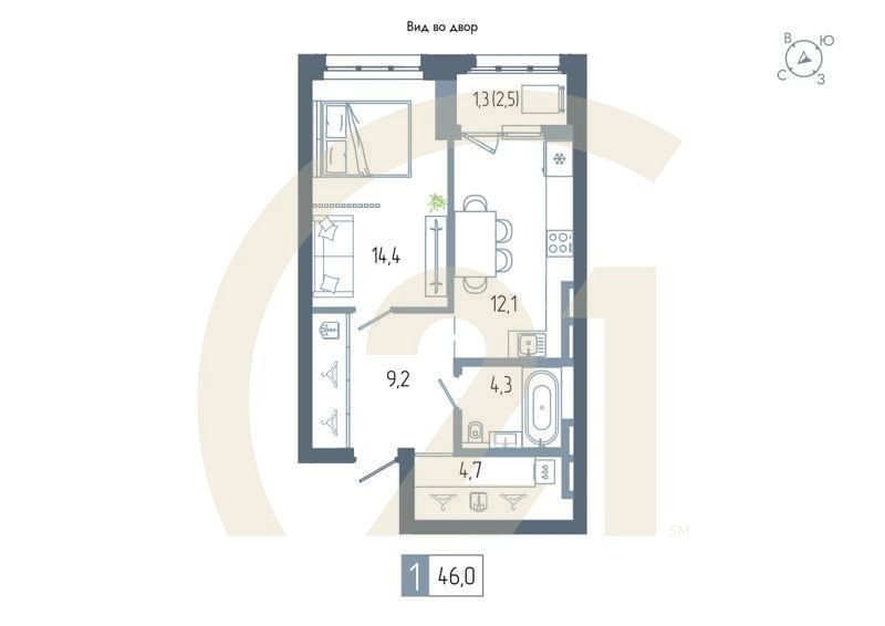 1-комн, 46 м², 4-9 этаж