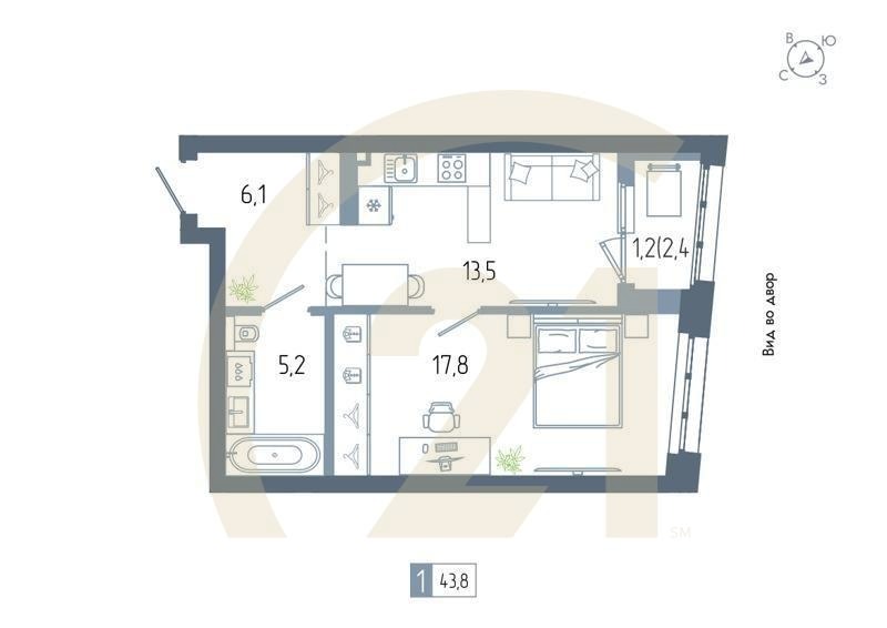 1-комн, 43.8 м², 12-22 этаж