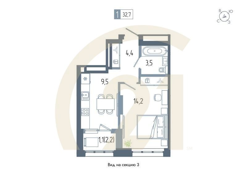 1-комн, 32.7 м², 18-22 этаж