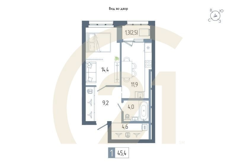 1-комн, 45.4 м², 12-13 этаж