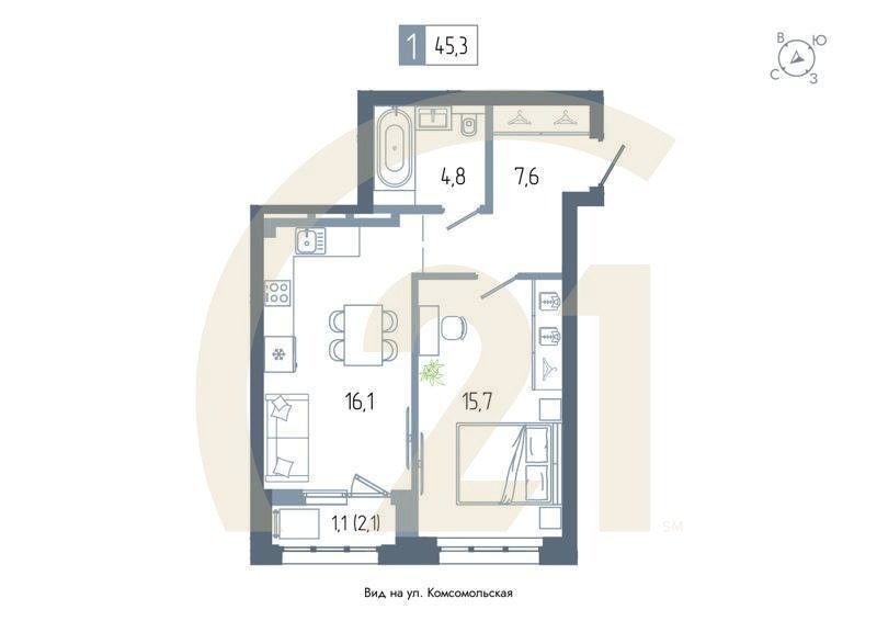 1-комн, 45.3 м², 10-17 этаж