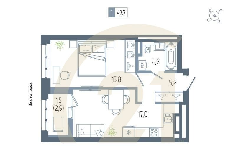 1-комн, 43.7 м², 6-12 этаж