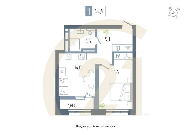1-комн, 44.9 м², 10-13 этаж