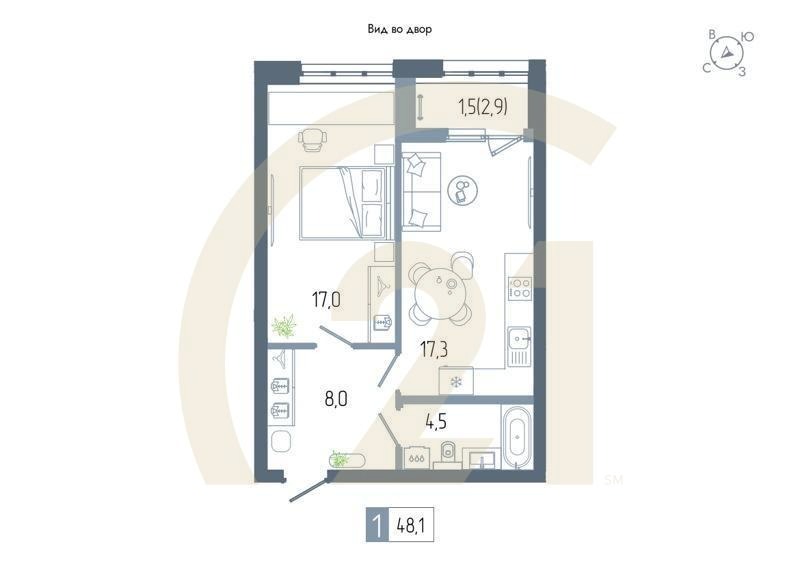 1-комн, 48.1 м², 3 этаж