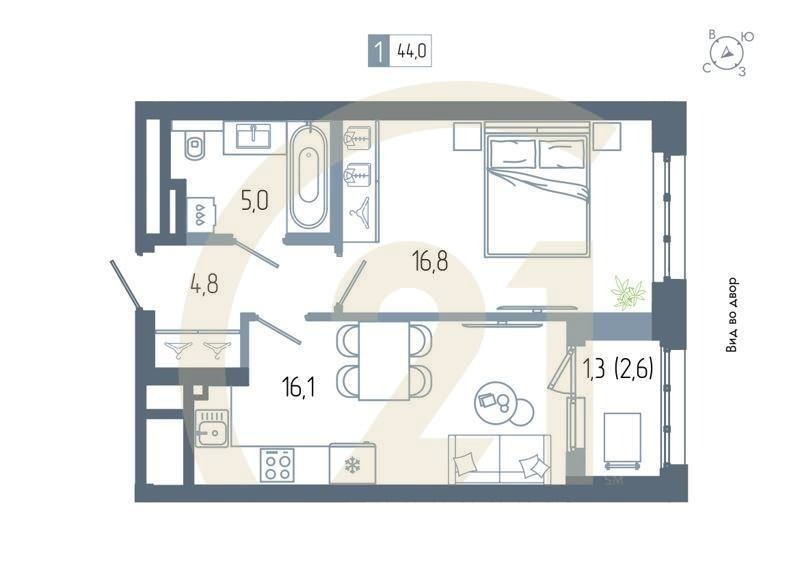 1-комн, 44 м², 10-12 этаж