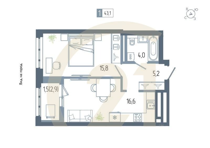 1-комн, 43.1 м², 14-20 этаж