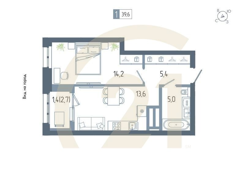 1-комн, 39.6 м², 16-23 этаж