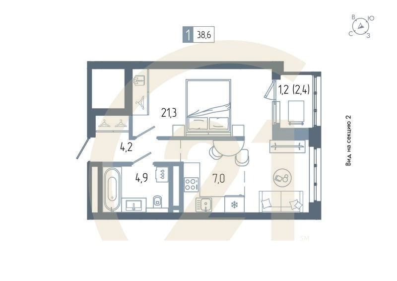 1-комн, 38.6 м², 19-20 этаж
