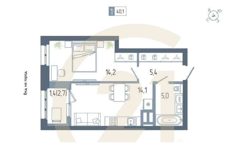 1-комн, 40.1 м², 11-15 этаж