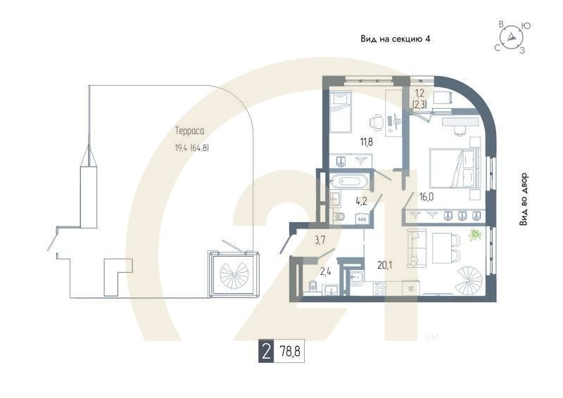 2-комн, 78.8 м², 21 этаж