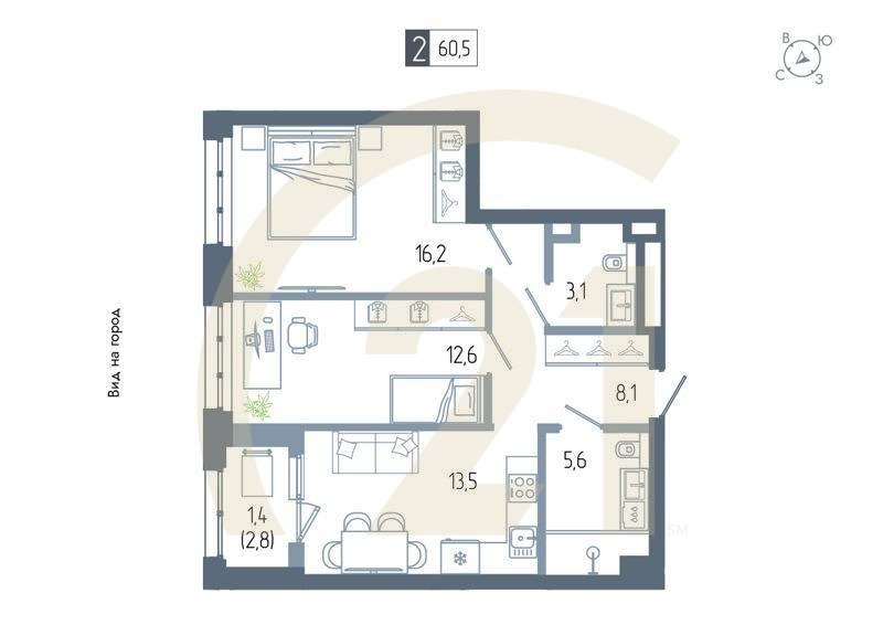 2-комн, 60.5 м², 5-12 этаж