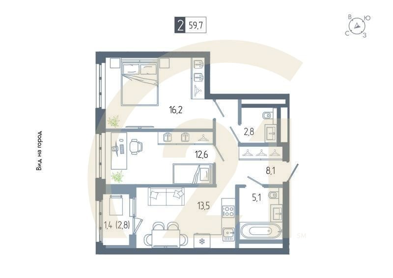 2-комн, 59.7 м², 14-20 этаж