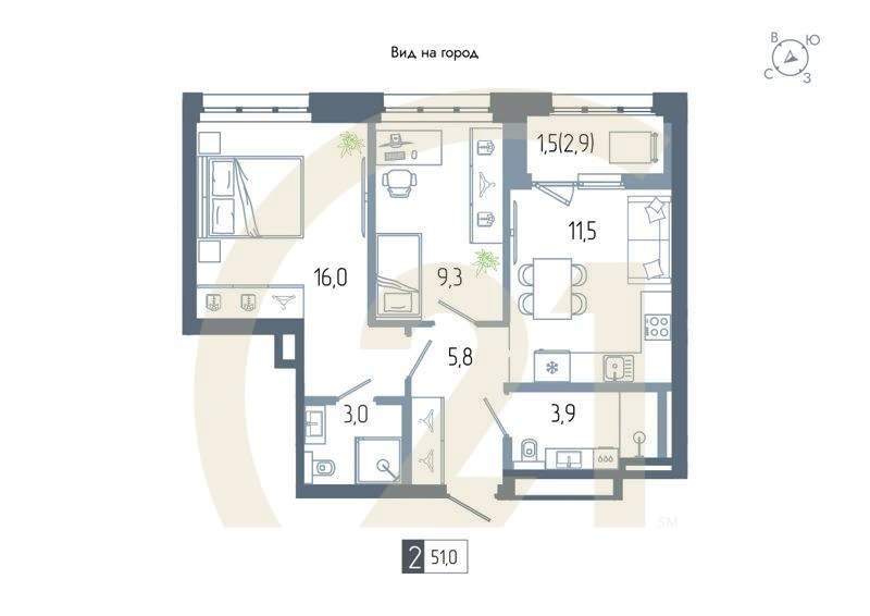 2-комн, 51 м², 6-15 этаж