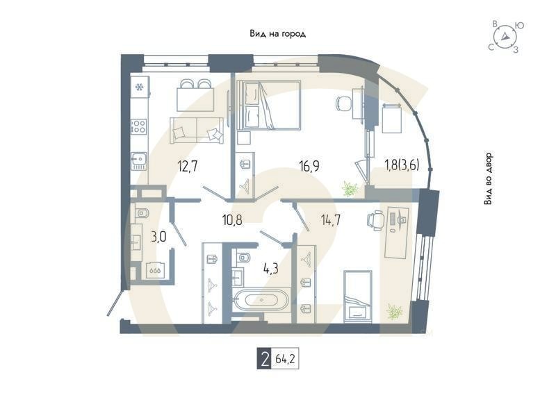 2-комн, 64.2 м², 6-11 этаж