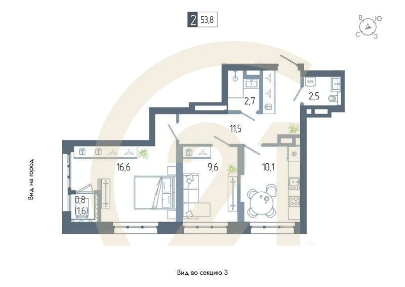 2-комн, 53.8 м², 8-15 этаж