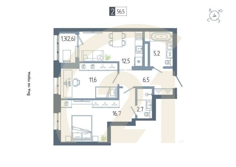2-комн, 56.5 м², 9-15 этаж